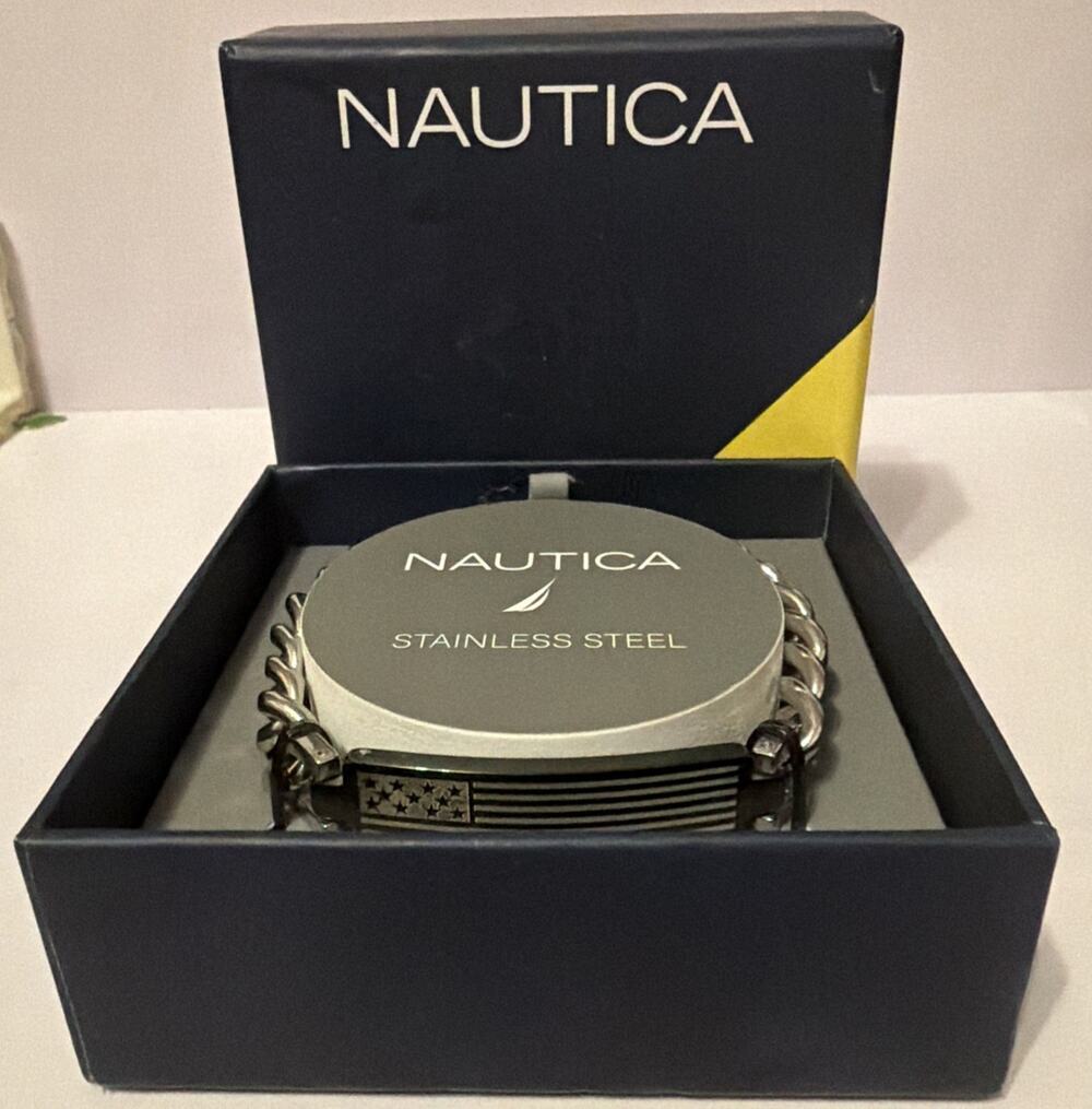 NAUTICA Men's Silver Stainless Steel Flag Chain Bracelet + Gift Box New